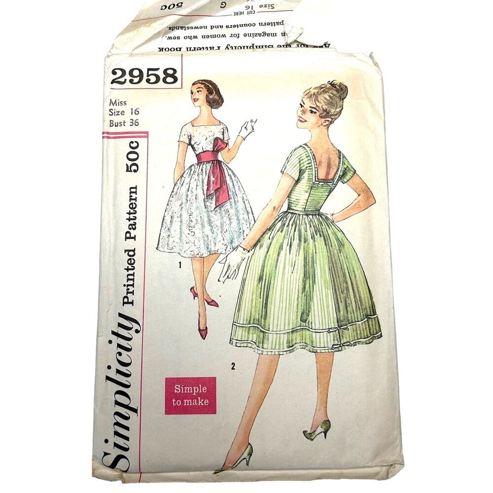 Simplicity Vintage 1959‎ Pattern #2958 Flare Swing Dress Miss Size 16